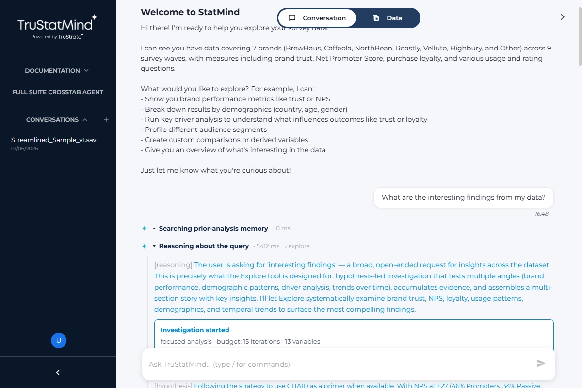 A screenshot of TruStatMind Data Analysis in action. Using AI for market research to investigate findings from data.